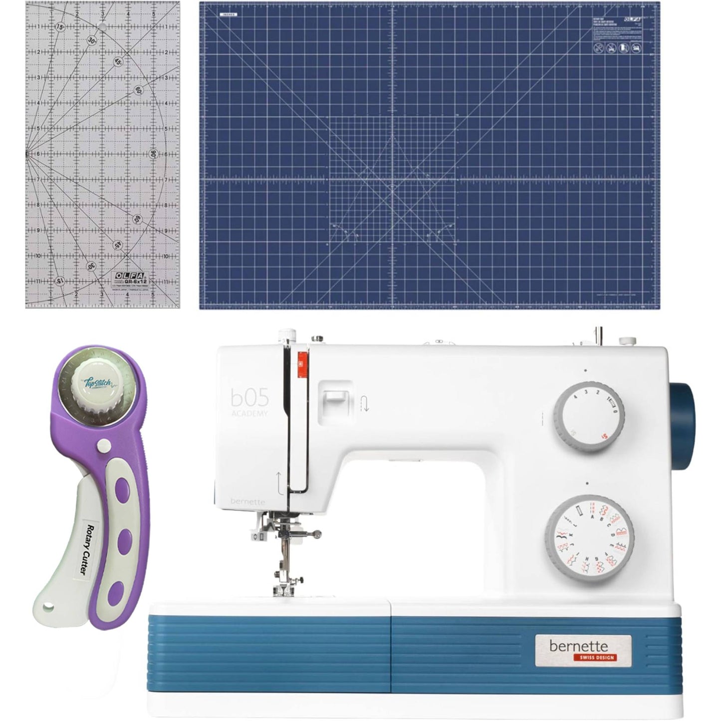 Bernette b05 Academy Sewing Machine Bundle with Quilting and Sewing Kit - 1 Rotary Cutter, 1 Rotary Mat and 1 Non-Slip Frosted Acrylic Ruler for Creative Sewing Enthusiasts