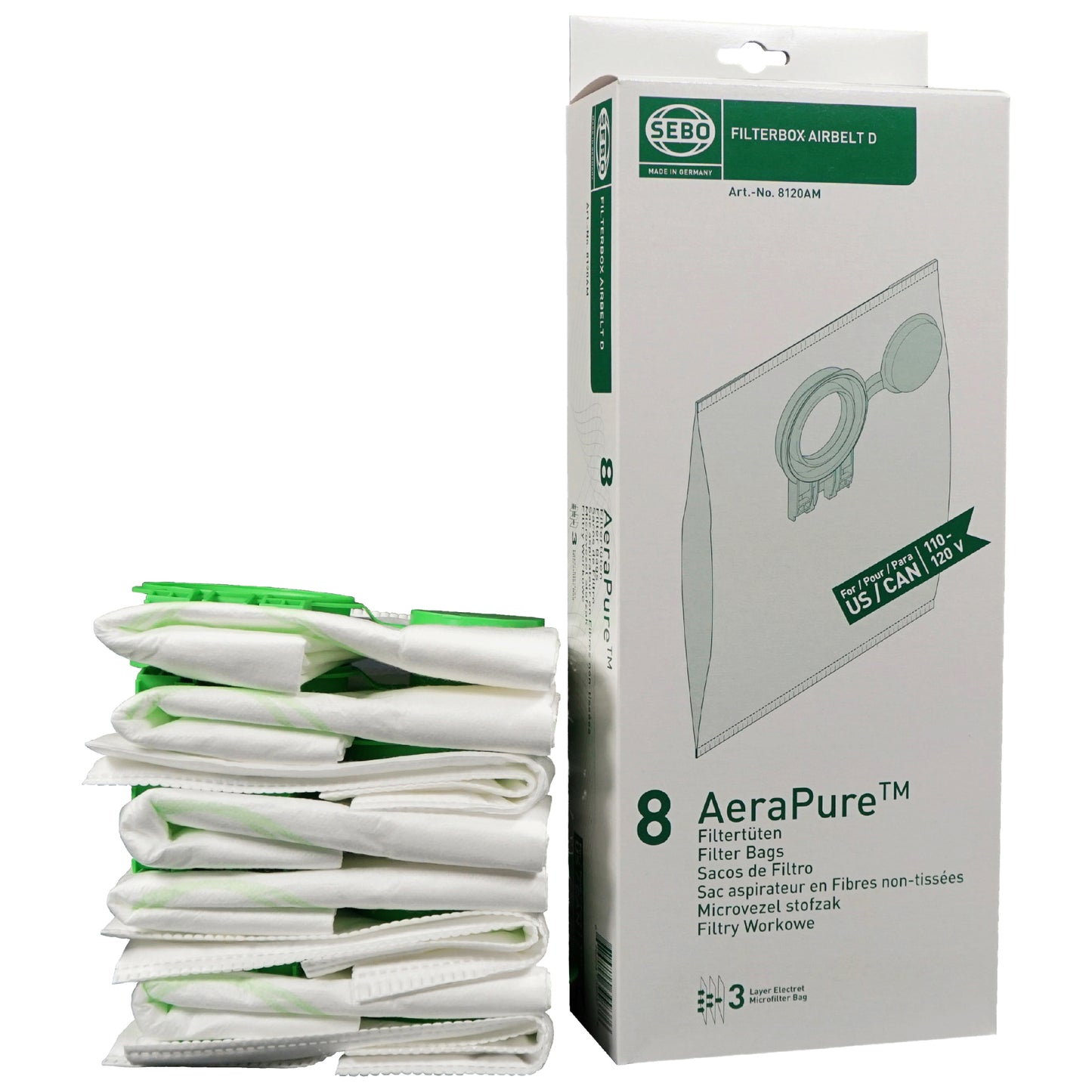 SEBO Airbelt D Ultra 3-Ply AeraPure Filter Bags - 8 Pack