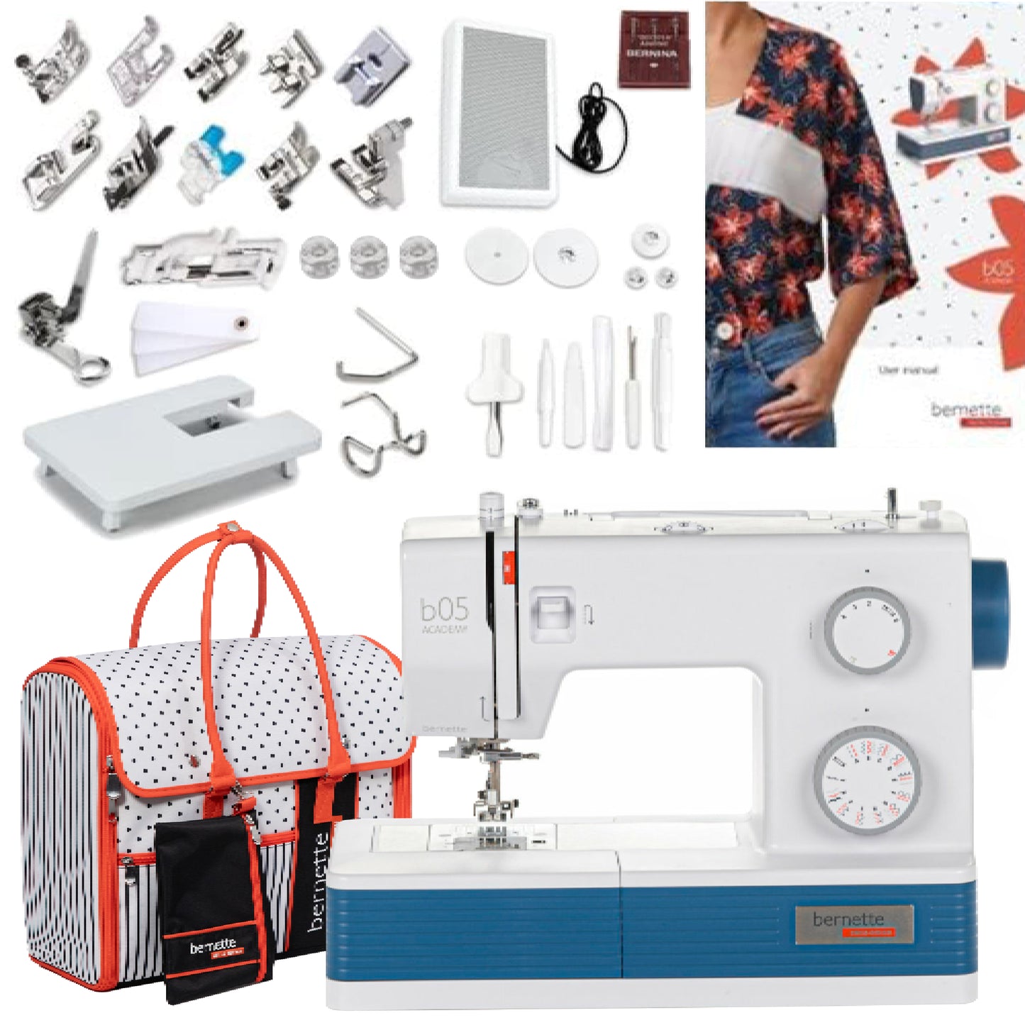 An assortment of sewing machine accessories and a Bernette 05 Academy Sewing Machine, predominantly in white and blue colors, displayed with a person holding fabric in the background.