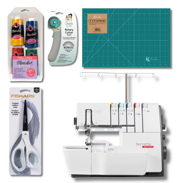 Bernette B68 Airlock Serger Bundle with Scissors, Rotary Cutter, Threads Bundle and Cutting Mat