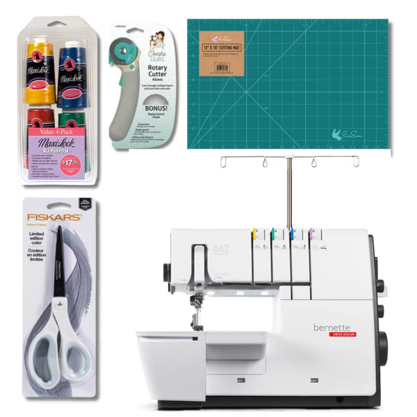Bernette B62 Airlock Coverstitch Overlock Serger Bundle with Scissors, Rotary Cutter, Threads Bundle and Self Healing Foldable Cutting Mat