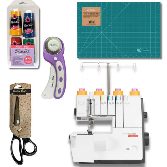 Bernette B48 Funlock Coverstitch Overlock Serger Bundle with Scissors, Rotary Cutter, Threads Bundle and Self Healing Foldable Cutting Mat