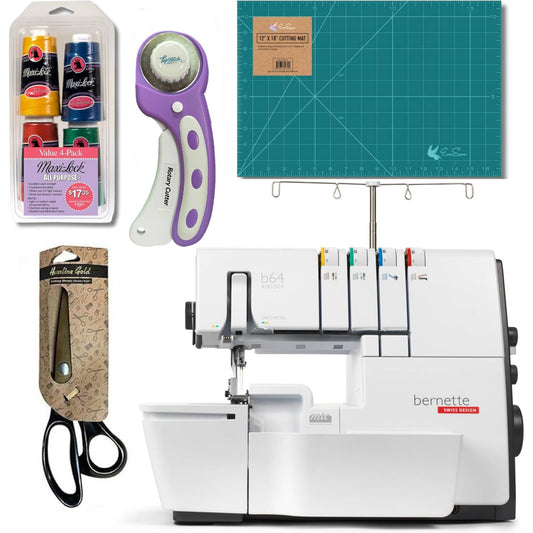 Bernette B64 Airlock Threading Coverstitch Overlock Serger Bundle w/ Scissors, Rotary Cutter, Threads Bundle and Self Healing Foldable Mat
