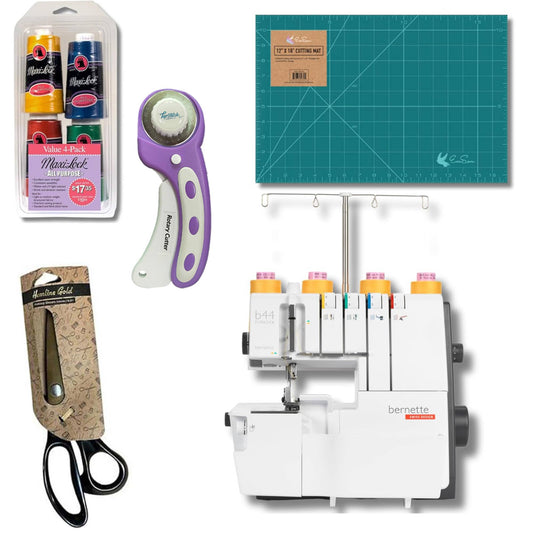 Bernette B44 Funlock Coverstitch Overlock Serger Bundle with Scissors, Rotary Cutter, Threads Bundle and Self Healing Foldable Cutting Mat