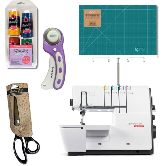Bernette B62 Airlock Coverstitch Overlock Serger Bundle with Scissors, Rotary Cutter, Threads Bundle and Self Healing Foldable Cutting Mat