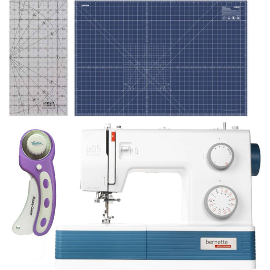 Bernette b05 Academy Sewing Machine Bundle with Quilting and Sewing Kit - 1 Rotary Cutter, 1 Rotary Mat and 1 Non-Slip Frosted Acrylic Ruler for Creative Sewing Enthusiasts
