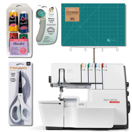 Bernette B64 Airlock Threading Coverstitch Overlock Serger Bundle w/ Scissors, Rotary Cutter, Threads Bundle and Self Healing Foldable Mat