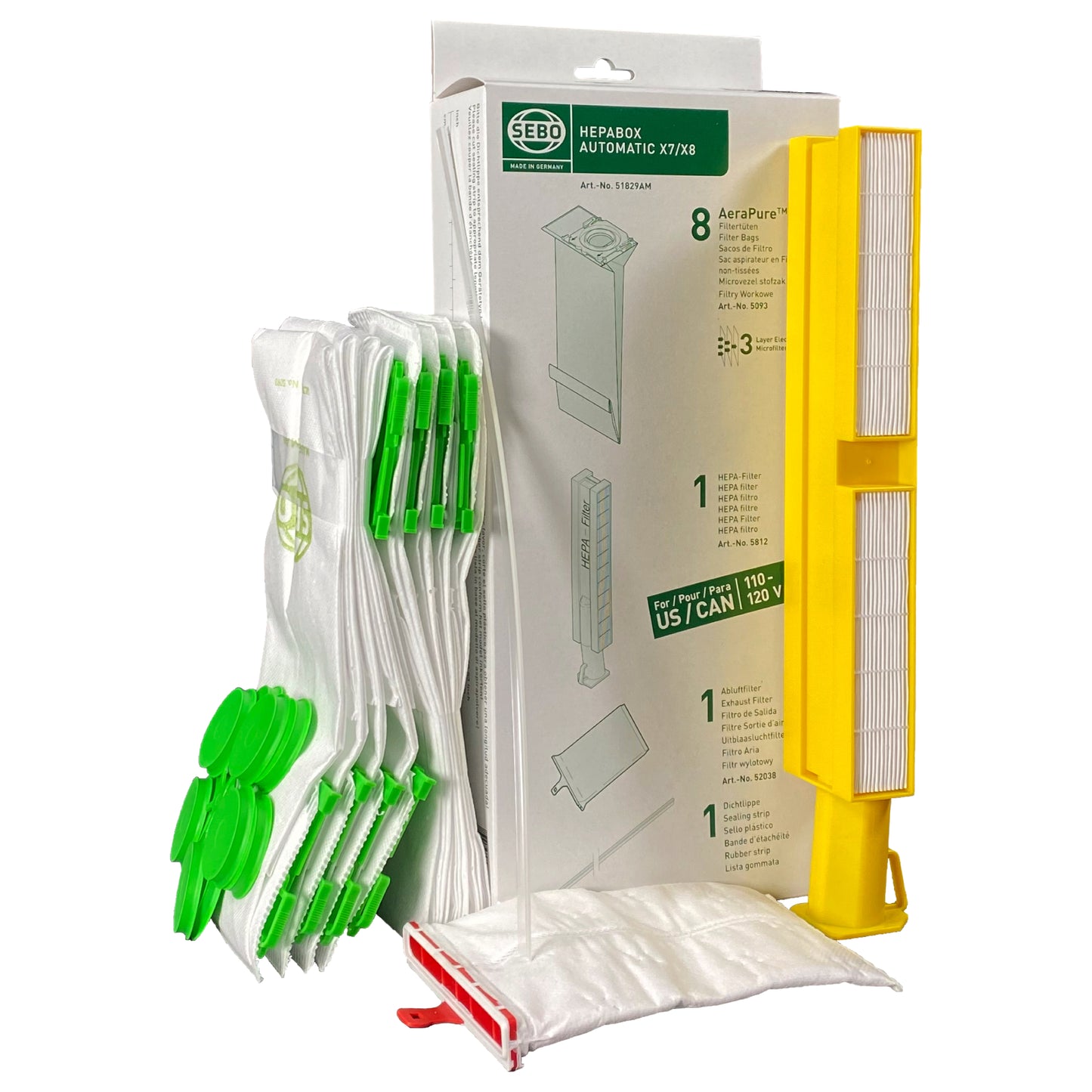 SEBO X7 X8 Bags, Filters, and Sealing Strip HEPA Service Box 51829