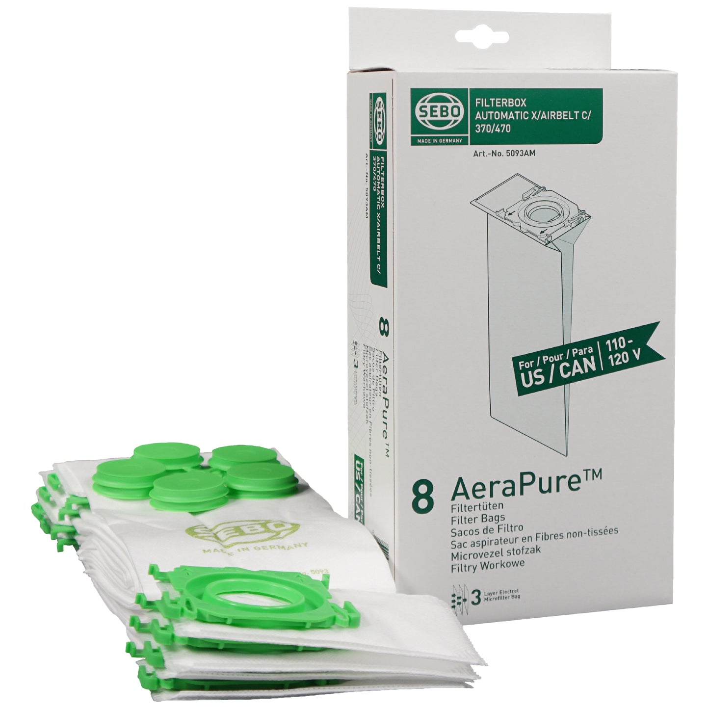 SEBO X, C, G, 370 Series AeraPure Filter Bags 5093AM - 8 pack