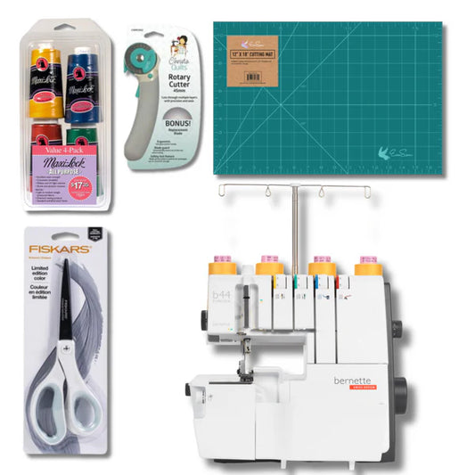 Bernette B44 Funlock Coverstitch Overlock Serger Bundle with Scissors, Rotary Cutter, Threads Bundle and Self Healing Foldable Cutting Mat