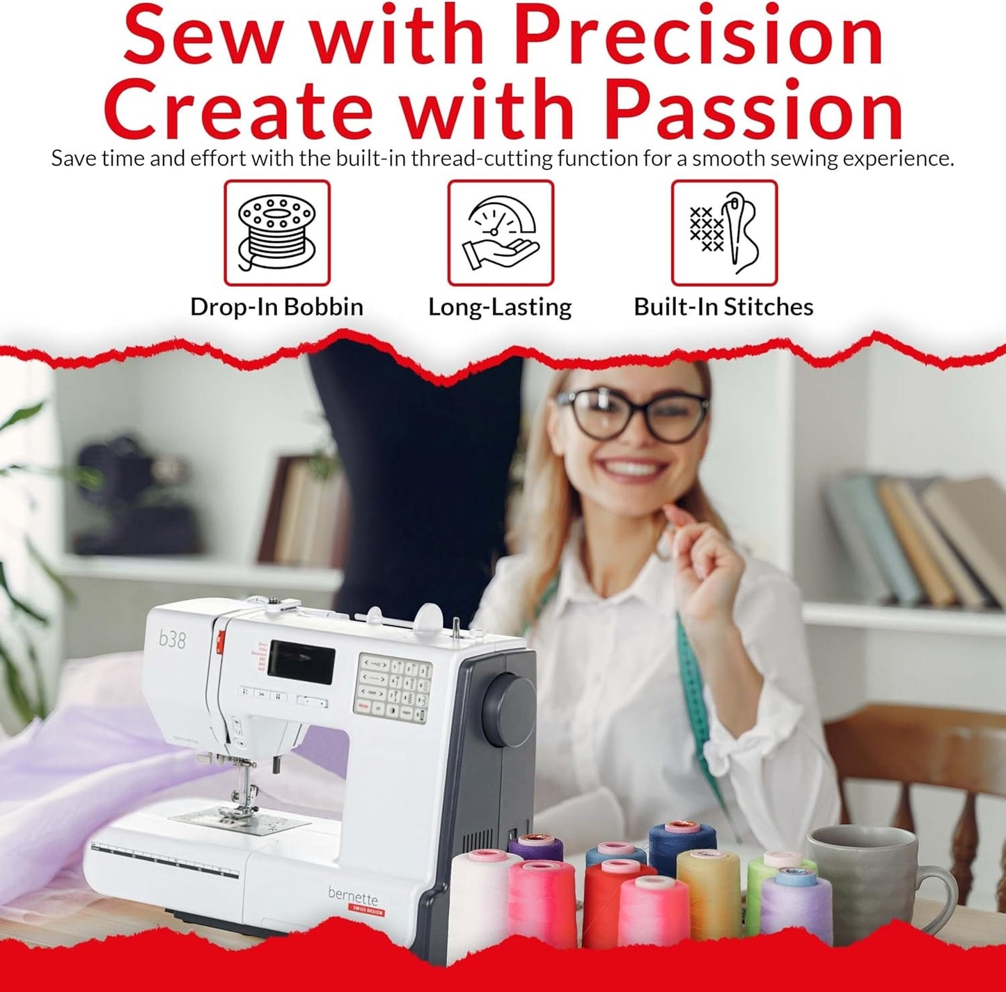 Bernette B38 Computerized Sewing Machine with Cutting Tools & Presser Foot Kit | Advanced Sewing Bundle