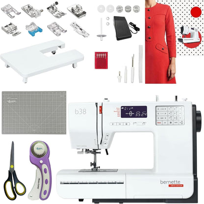 Bernette B38 Computerized Sewing Machine with Cutting Tools & Presser Foot Kit | Advanced Sewing Bundle