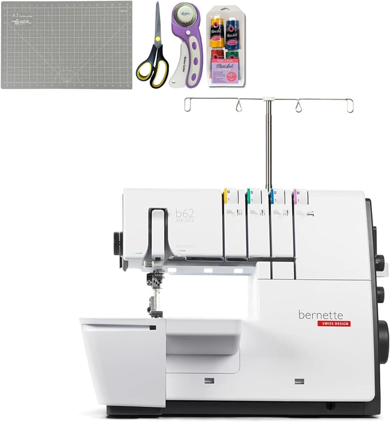 Bernette B62 Airlock Coverstitch Machine Bundle with Air Threader, Cutting Mat, Rotary Cutter, Scissors, and Thread Set