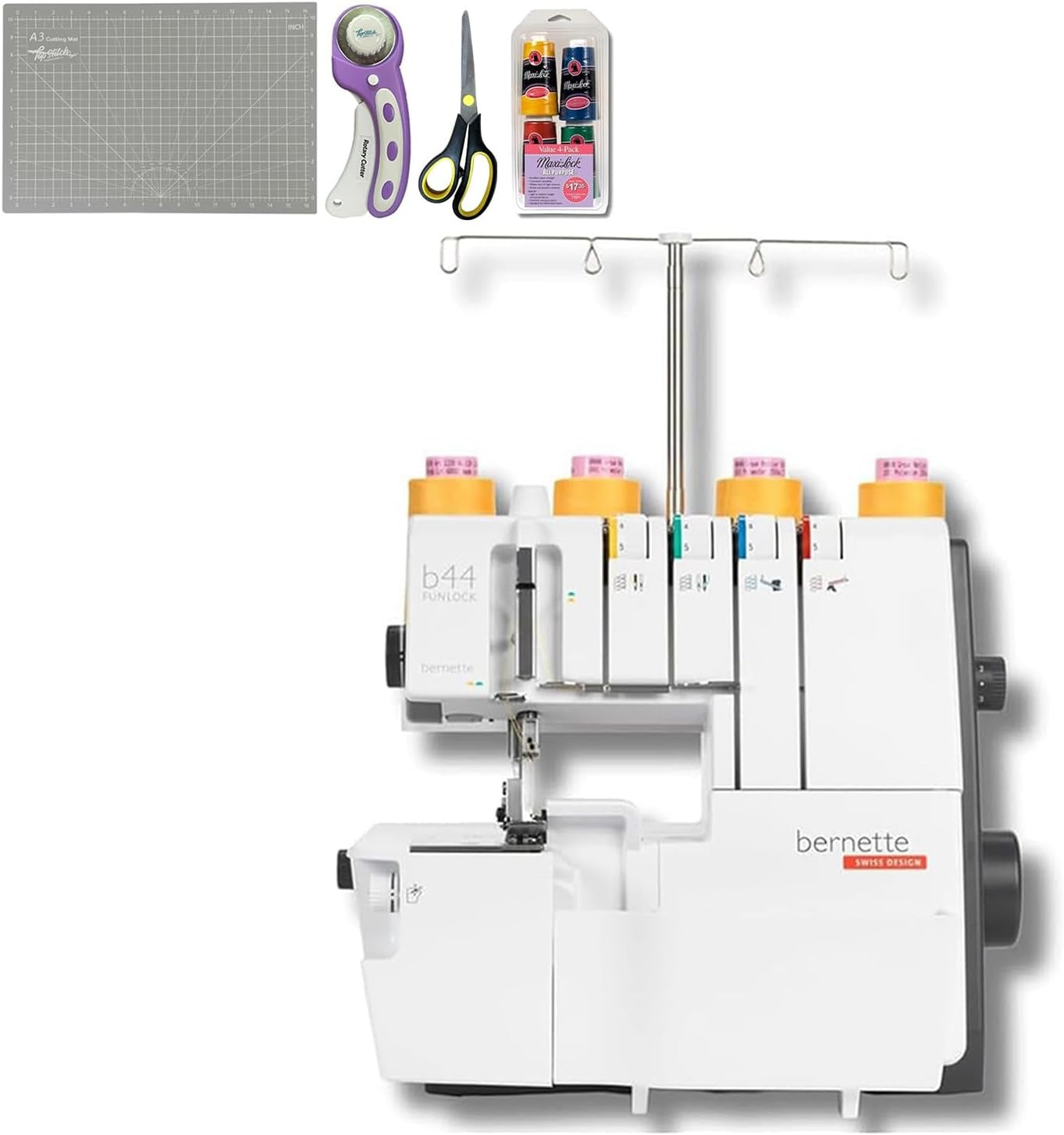 Bernette b44 Funlock Serger Sewing Machine Bundle with Cutting Tools & Thread Set