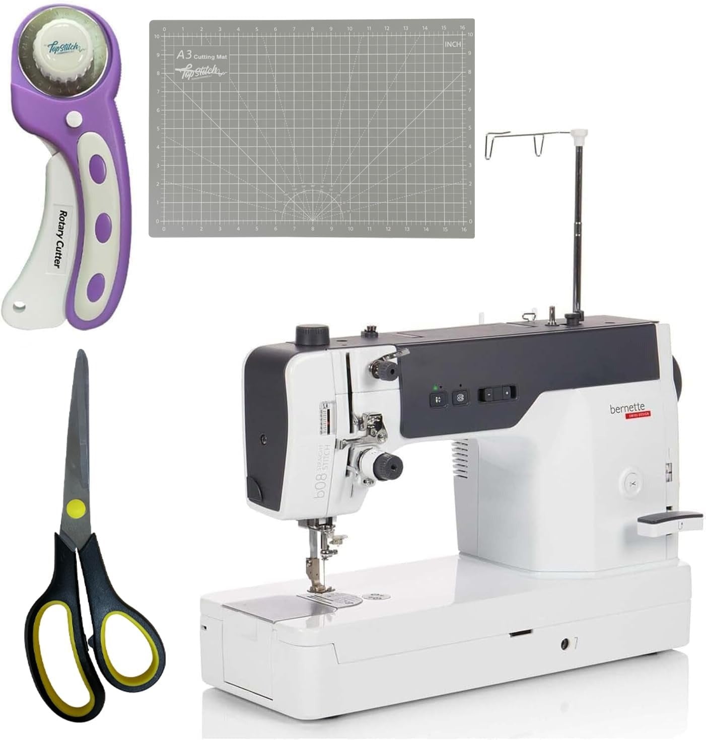 Bernette b08 Straight Stitch Machine & Quilter’s Essentials Bundle with Rotary Cutter, Cutting Mat & Scissors