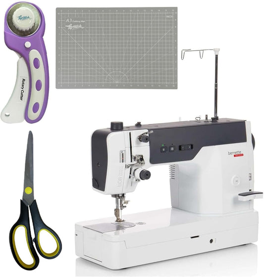 Bernette b08 Straight Stitch Machine & Quilter’s Essentials Bundle with Rotary Cutter, Cutting Mat & Scissors
