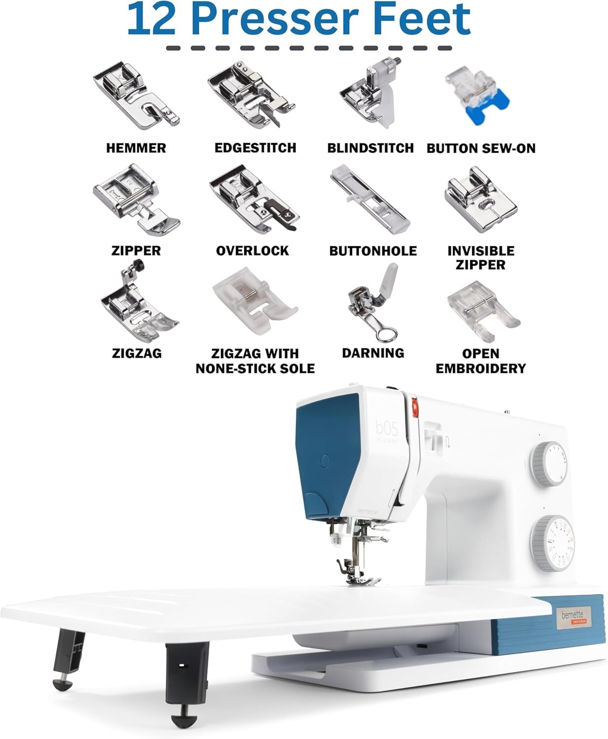 Bernette b05 Academy Sewing Machine Bundle with Scissors, Rotary Cutter, 12 Presser Feet & Extension Table
