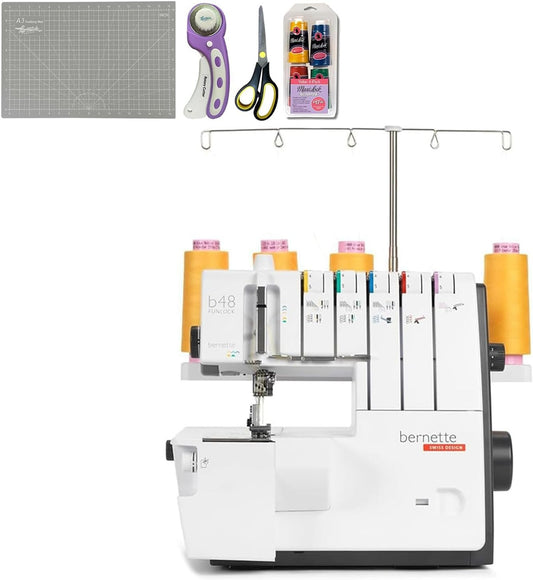 Bernette B48 Funlock Serger and Coverstitch Machine Bundle with Rotary Cutter, Scissors, Threads, and Cutting Mat