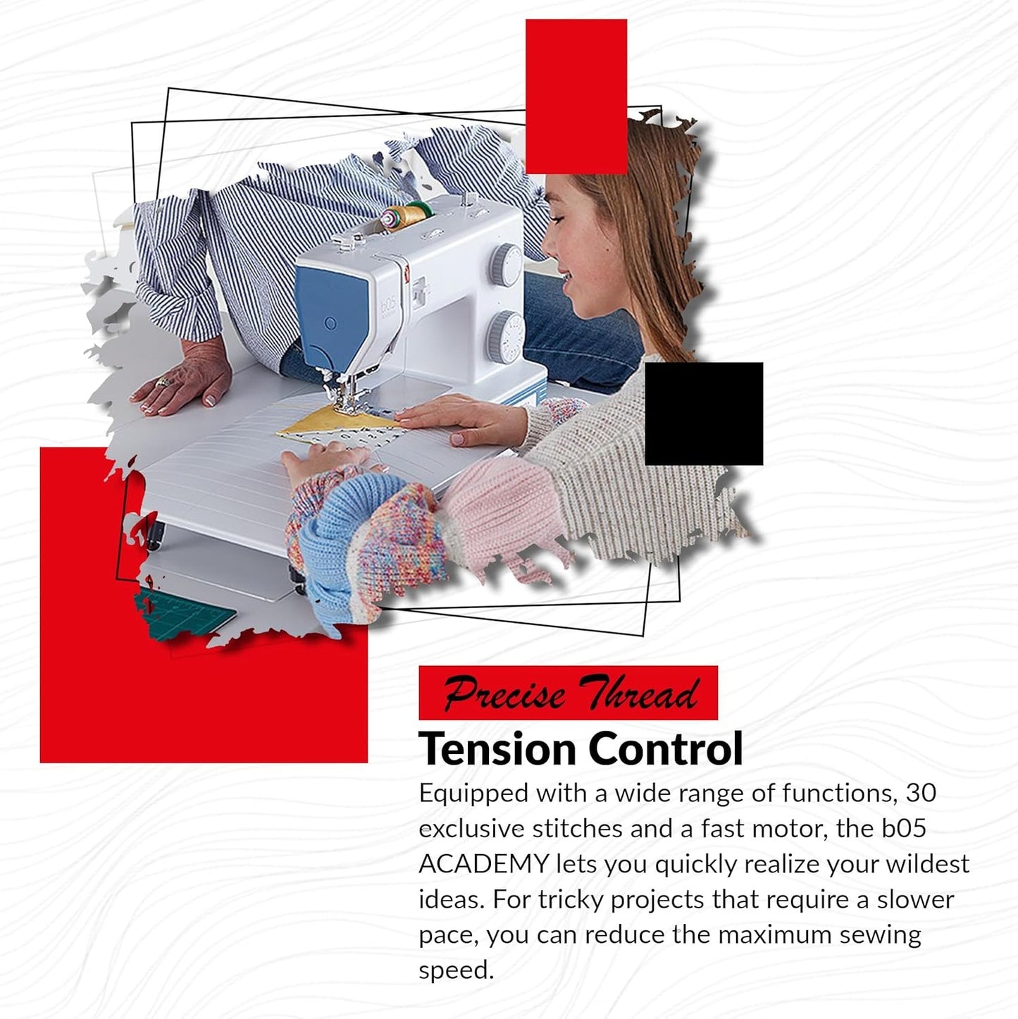 Bernette b05 Academy Sewing Machine Bundle with Scissors, Rotary Cutter, 12 Presser Feet & Extension Table