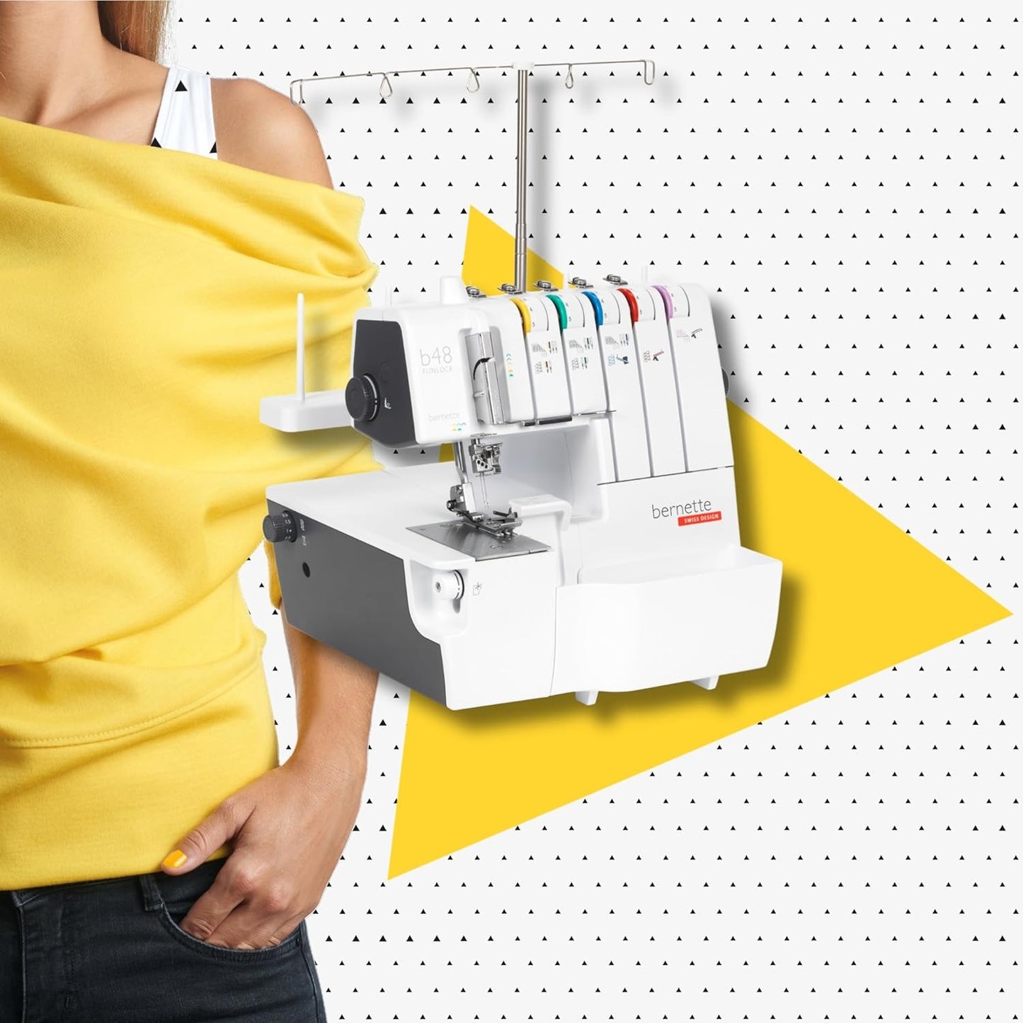 Bernette B48 Funlock Serger and Coverstitch Machine Bundle with Rotary Cutter, Scissors, Threads, and Cutting Mat