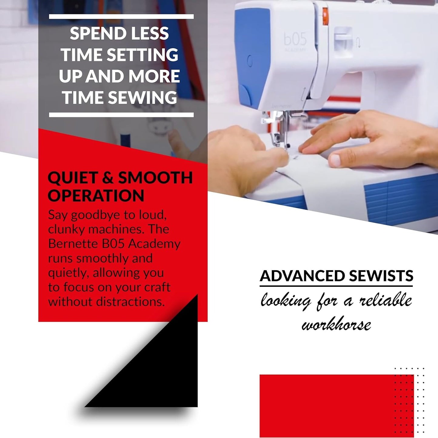 Bernette b05 Academy Sewing Machine Bundle with Scissors, Rotary Cutter, 12 Presser Feet & Extension Table