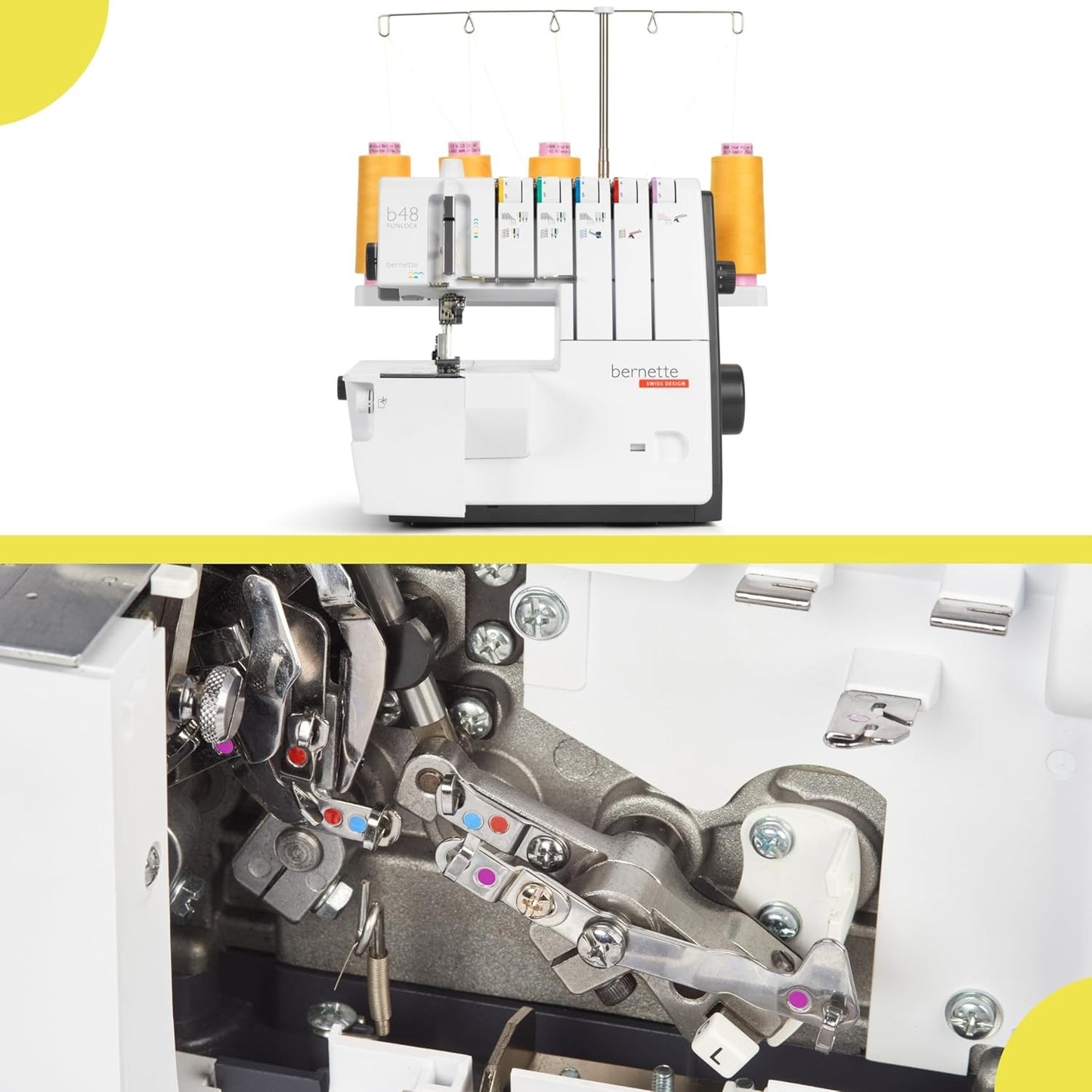 Bernette B48 Funlock Serger and Coverstitch Machine Bundle with Rotary Cutter, Scissors, Threads, and Cutting Mat