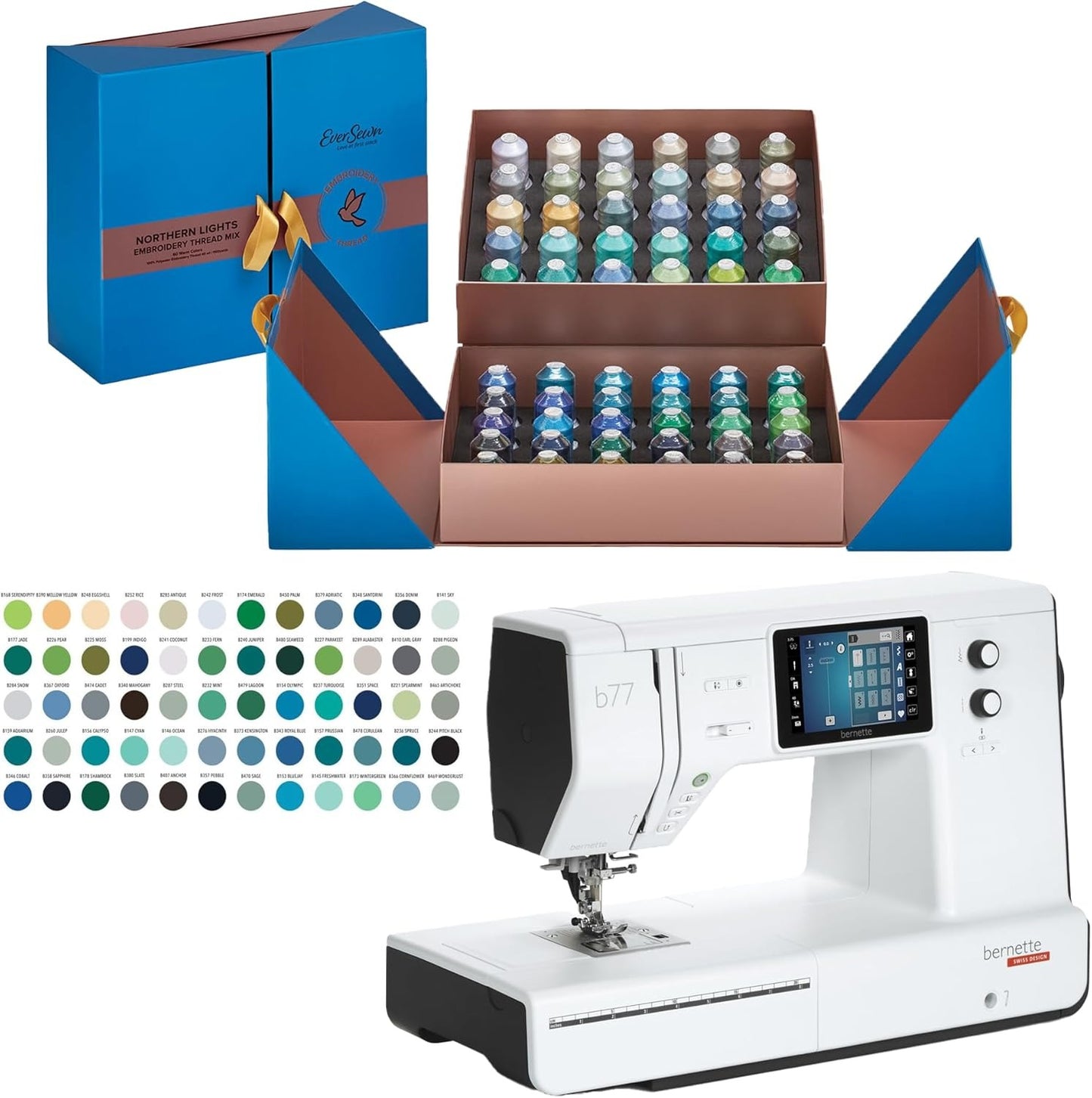 Bernette b77 Sewing and Quilting Machine with EverSewn Northern Lights Embroidery Thread Kit Bundle