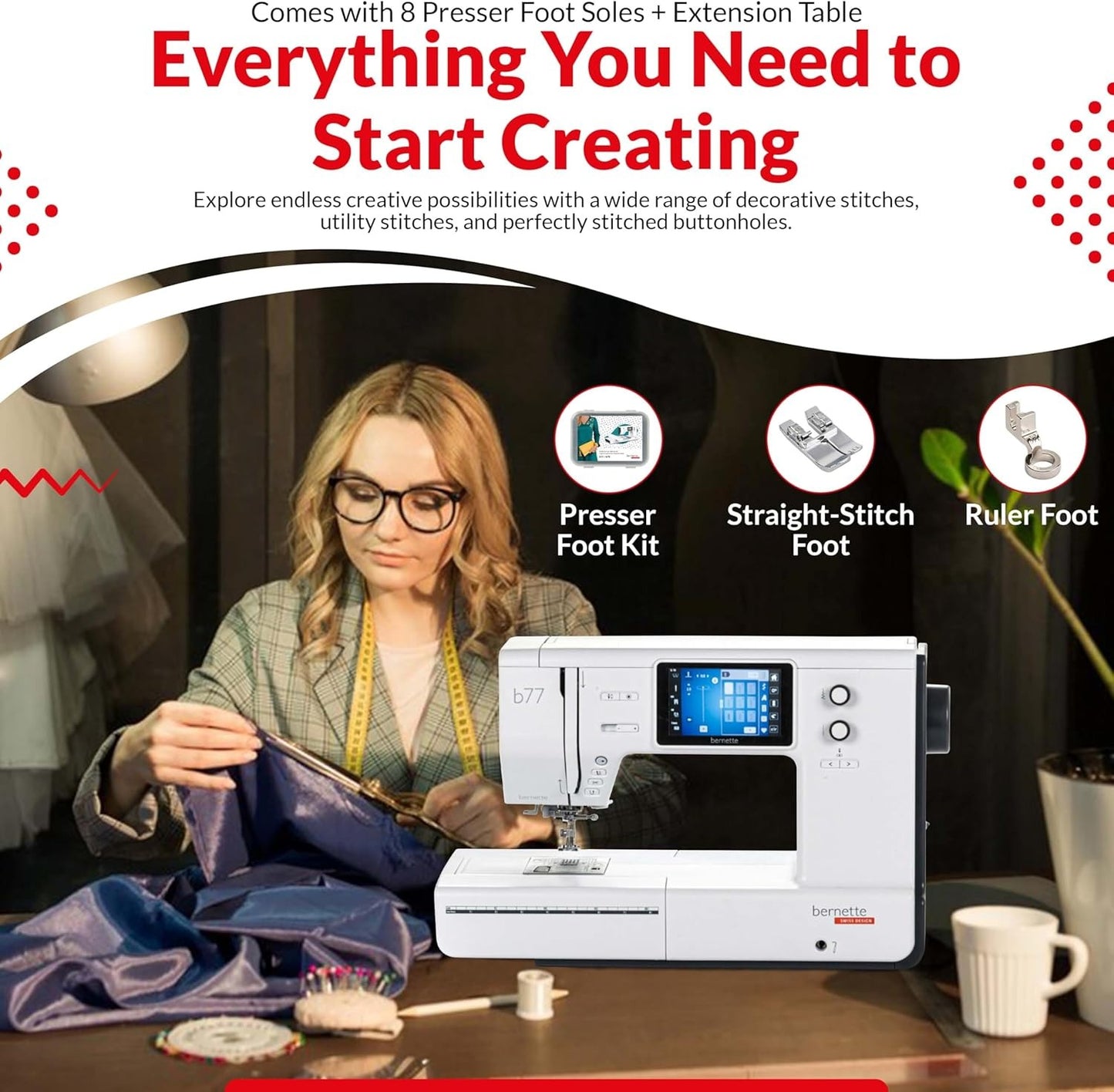 Bernette b77 Sewing and Quilting Machine with EverSewn Northern Lights Embroidery Thread Kit Bundle