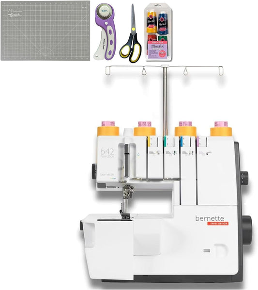 Bernette B42 Funlock Coverstitch Machine Bundle with Cutting Mat, Scissors, Rotary Cutter, and Thread Set