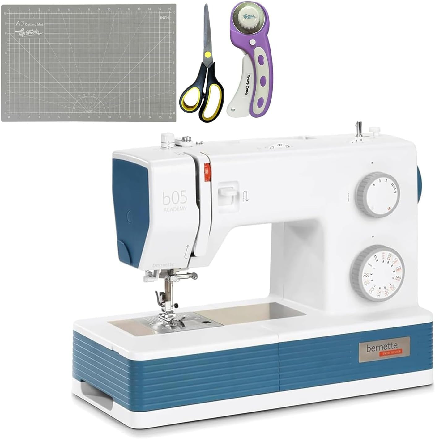 Bernette b05 Academy Sewing Machine Bundle with Scissors, Rotary Cutter, 12 Presser Feet & Extension Table